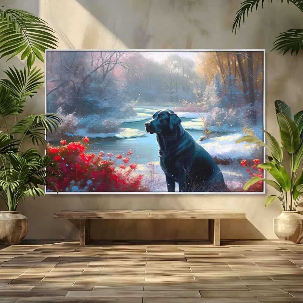 Tablou canvas cu tablou canvas cu labrador negru pe malul unui lac inzapezit, in rama de aluminiu argintiu